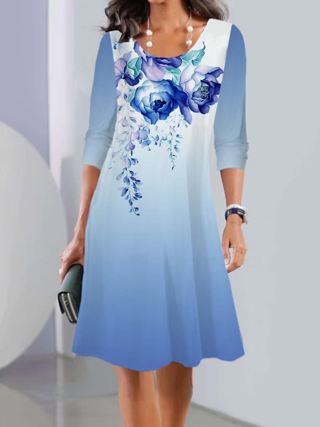 Blue Round Neck Ethnic Motifs Short Sleeves A-Line Polyester Knee Length Dress