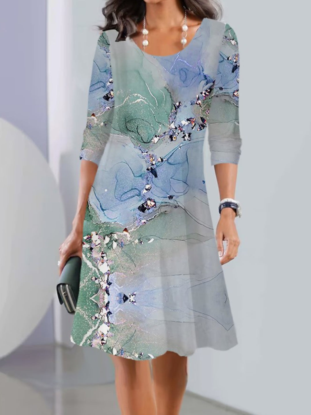 Green Round Neck Ethnic Motifs Short Sleeves A-Line Polyester Knee Length Dress