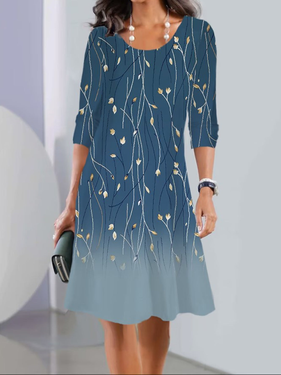 Navy Blue Round Neck Ethnic Motifs Short Sleeves A-Line Polyester Knee Length Dress