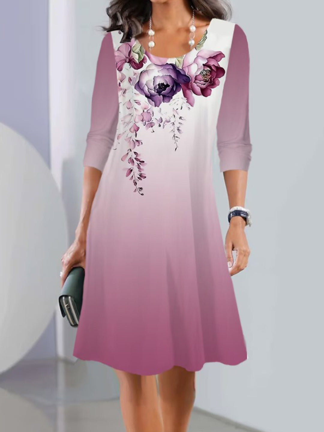 Pink Round Neck Ethnic Motifs Short Sleeves A-Line Polyester Knee Length Dress