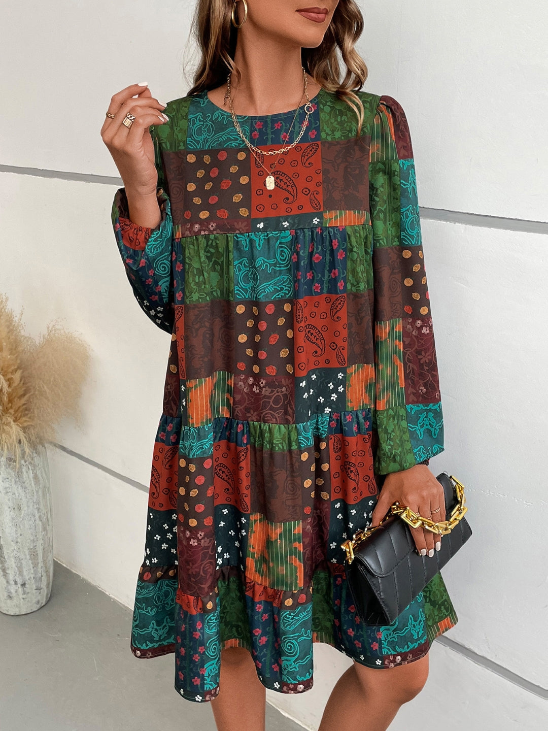 Brown Round Neck Tribal Long Sleeves A-Line Polyester Maxi Dress