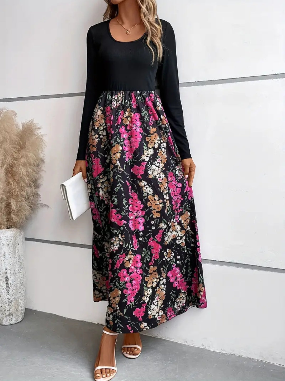 Black Round Neck Floral Long Sleeves A-Line Polyester Maxi Dress