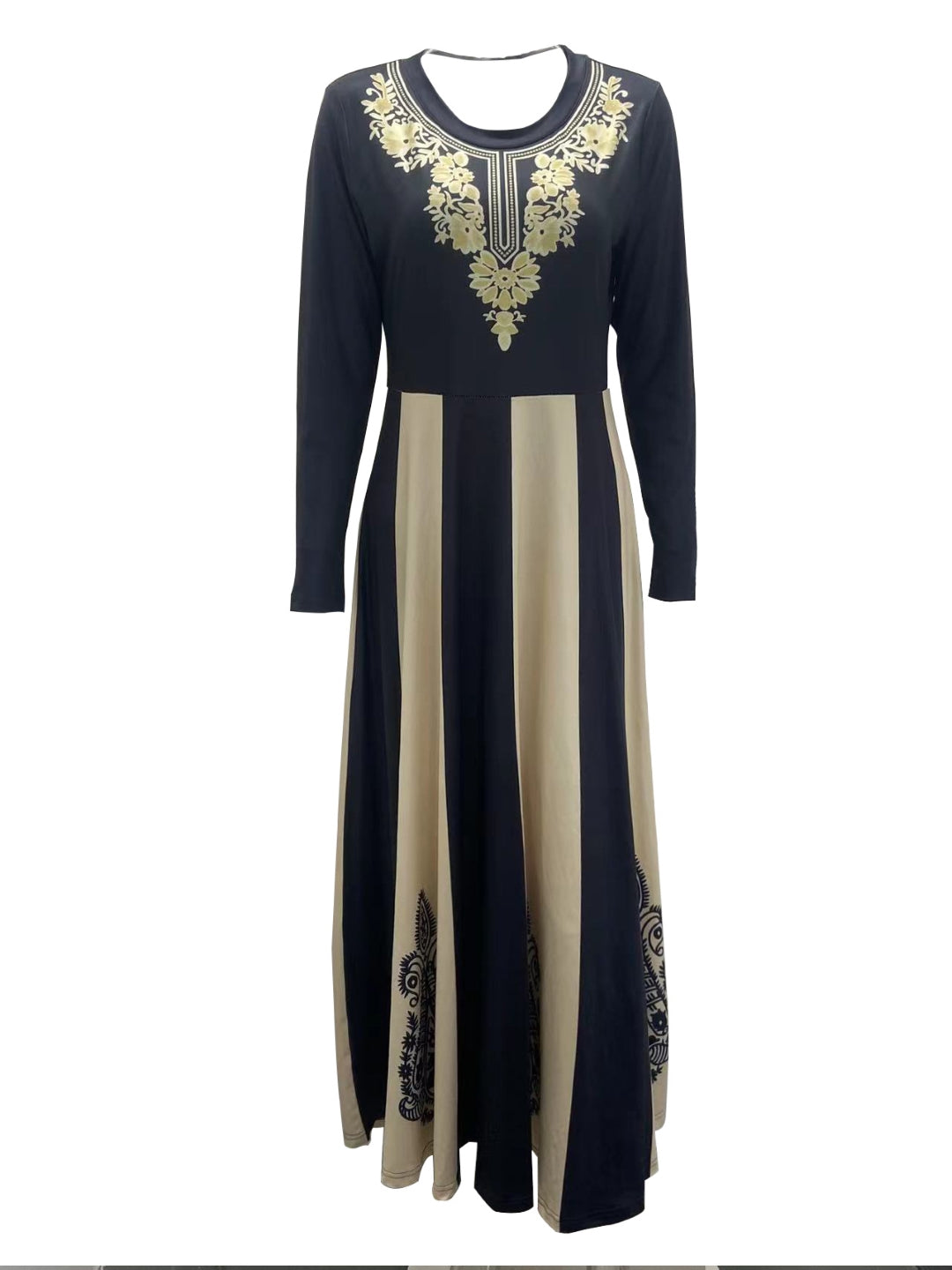 Black Round Neck Colourblocked Long Sleeves A-Line Polyester Maxi Dress