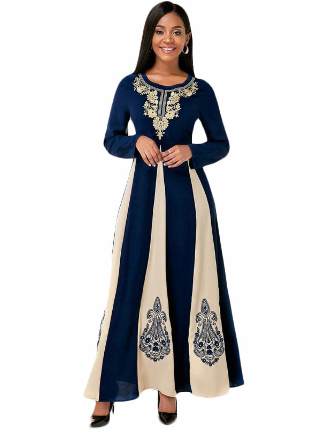 Navy Blue Round Neck Colourblocked Long Sleeves A-Line Polyester Maxi Dress