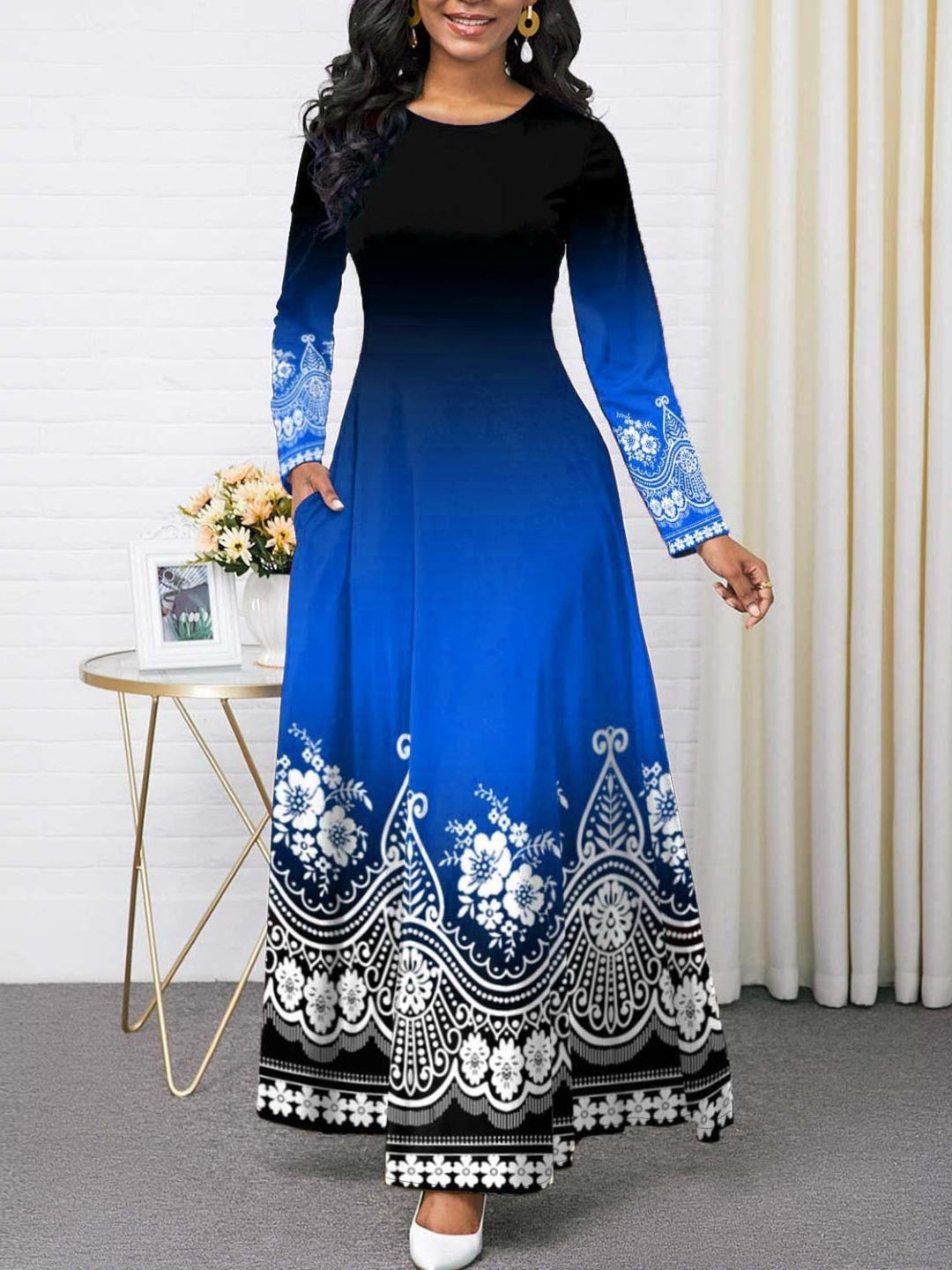 Blue Round Neck Ethnic Motifs Long Sleeves A-Line Polyester Maxi Dress