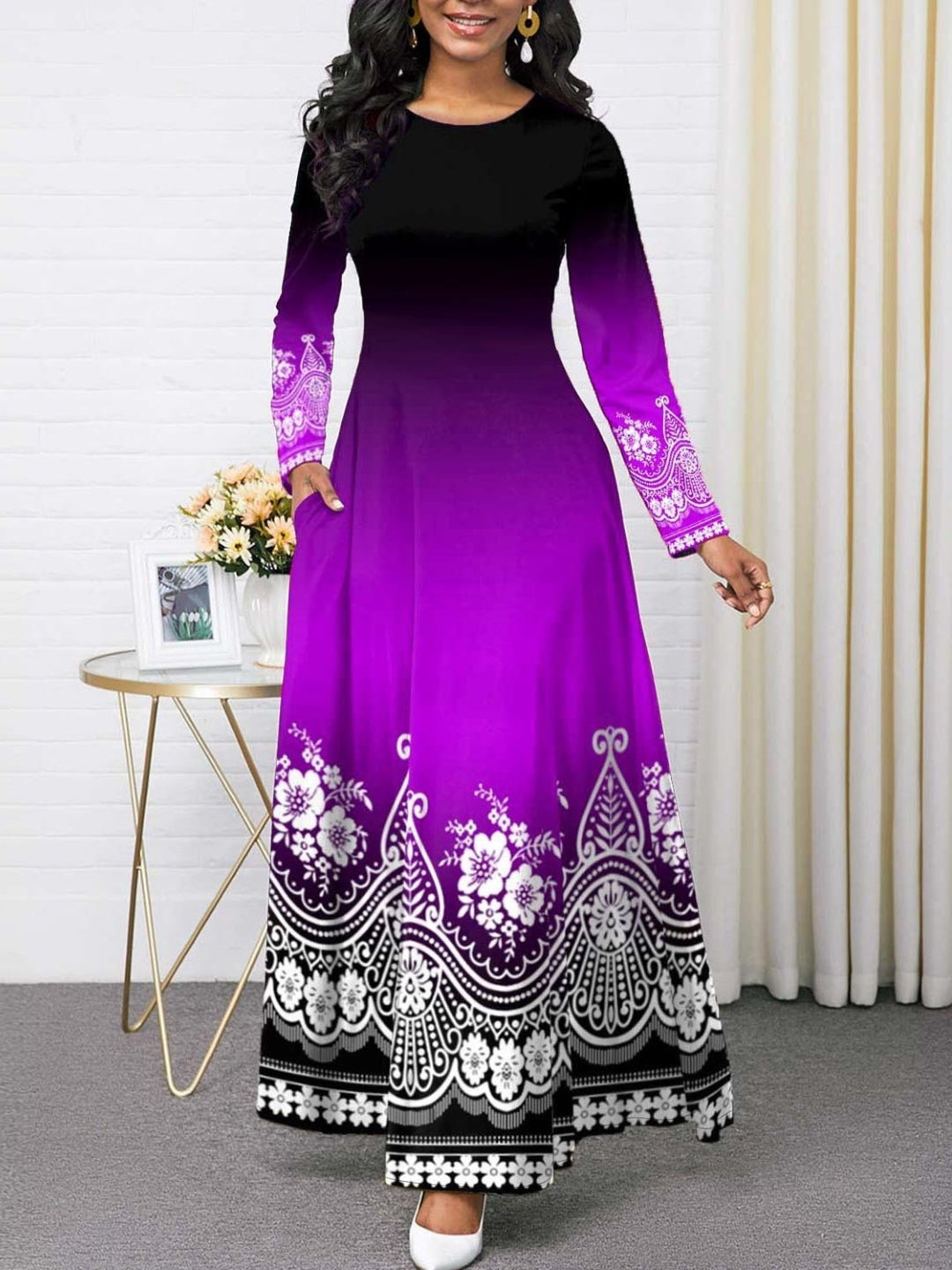 Purple Round Neck Ethnic Motifs Long Sleeves A-Line Polyester Maxi Dress