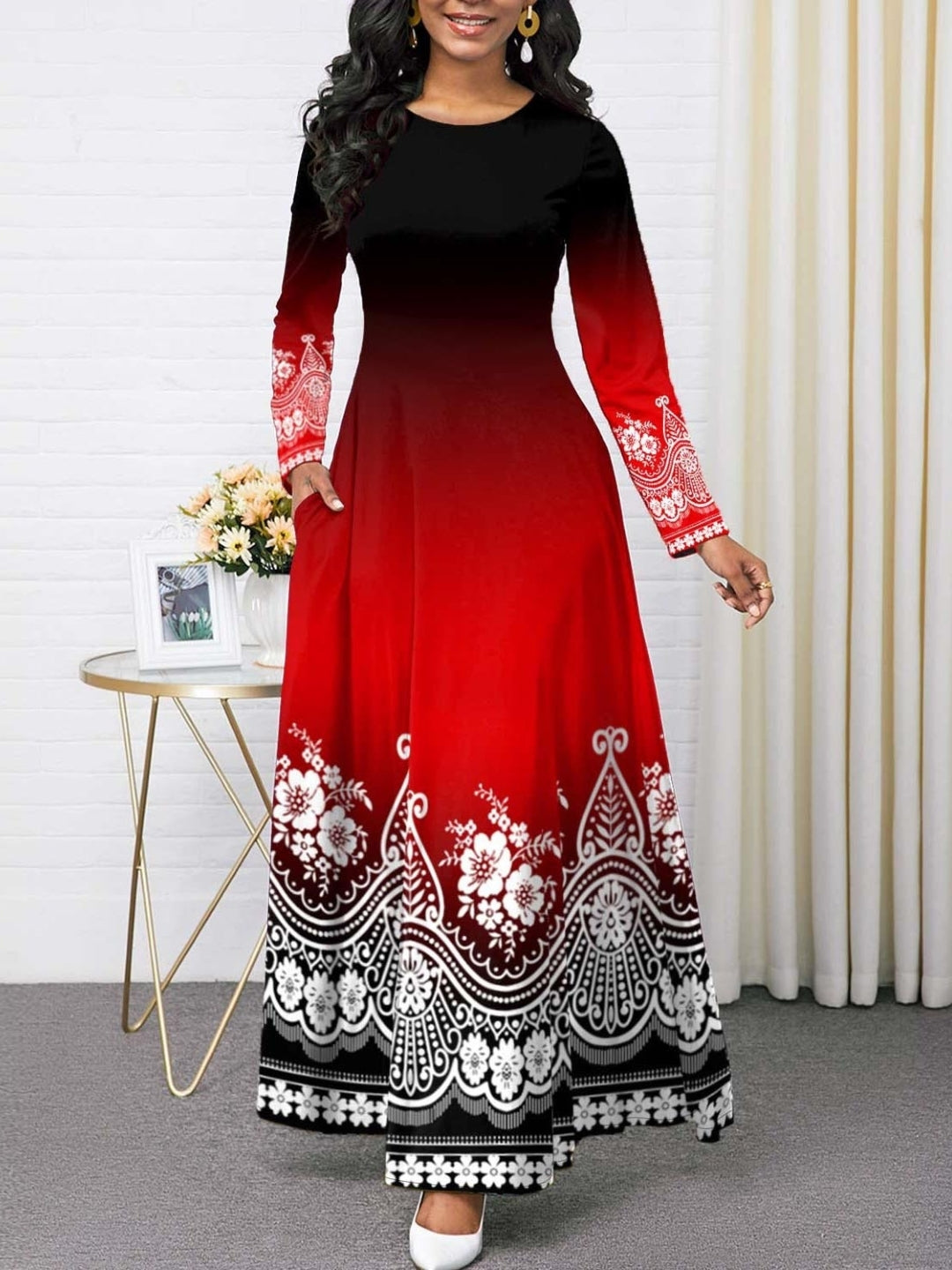 Red Round Neck Ethnic Motifs Long Sleeves A-Line Polyester Maxi Dress