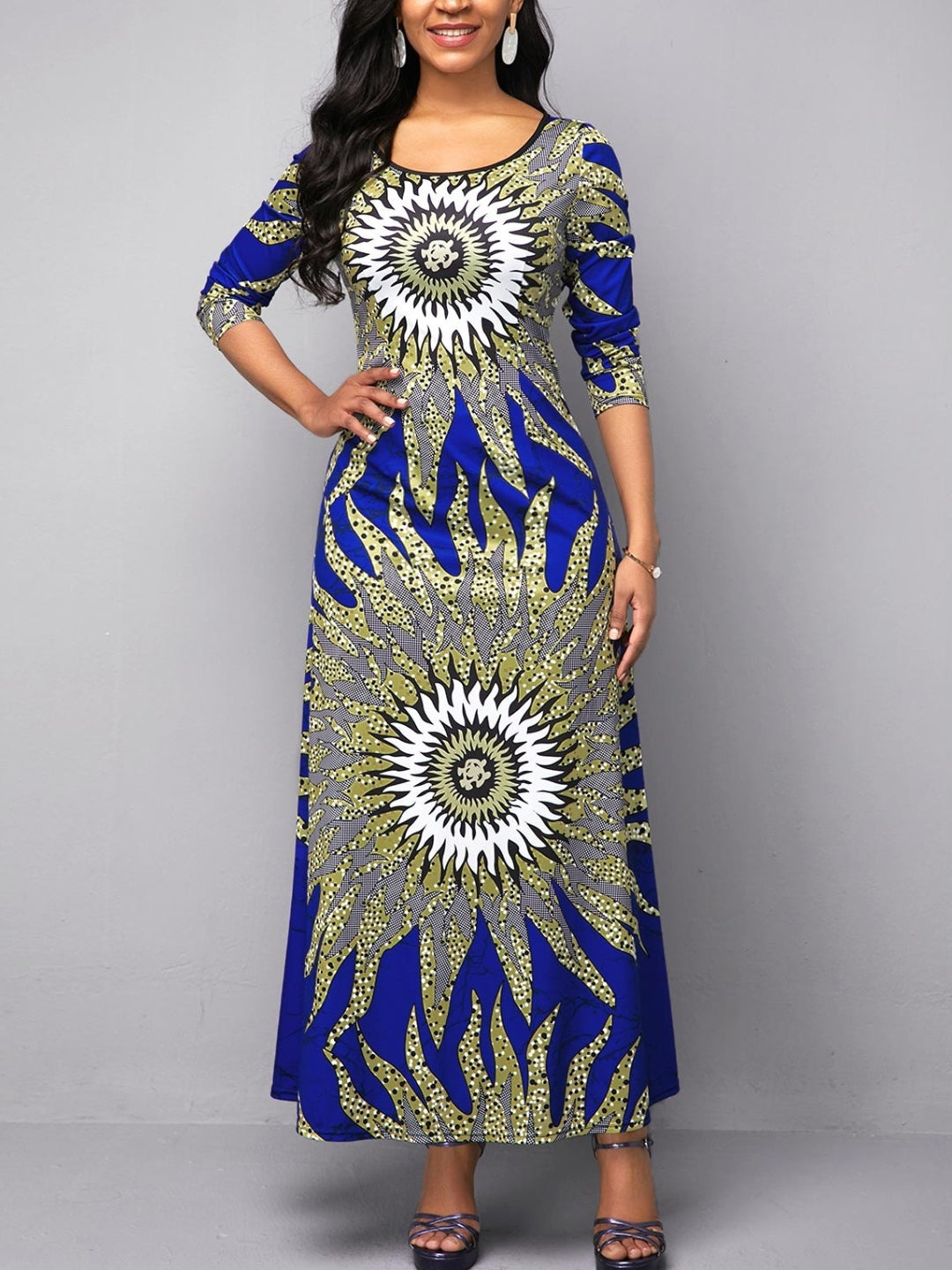 Blue Round Neck Ethnic Motifs Long Sleeves A-Line Polyester Maxi Dress