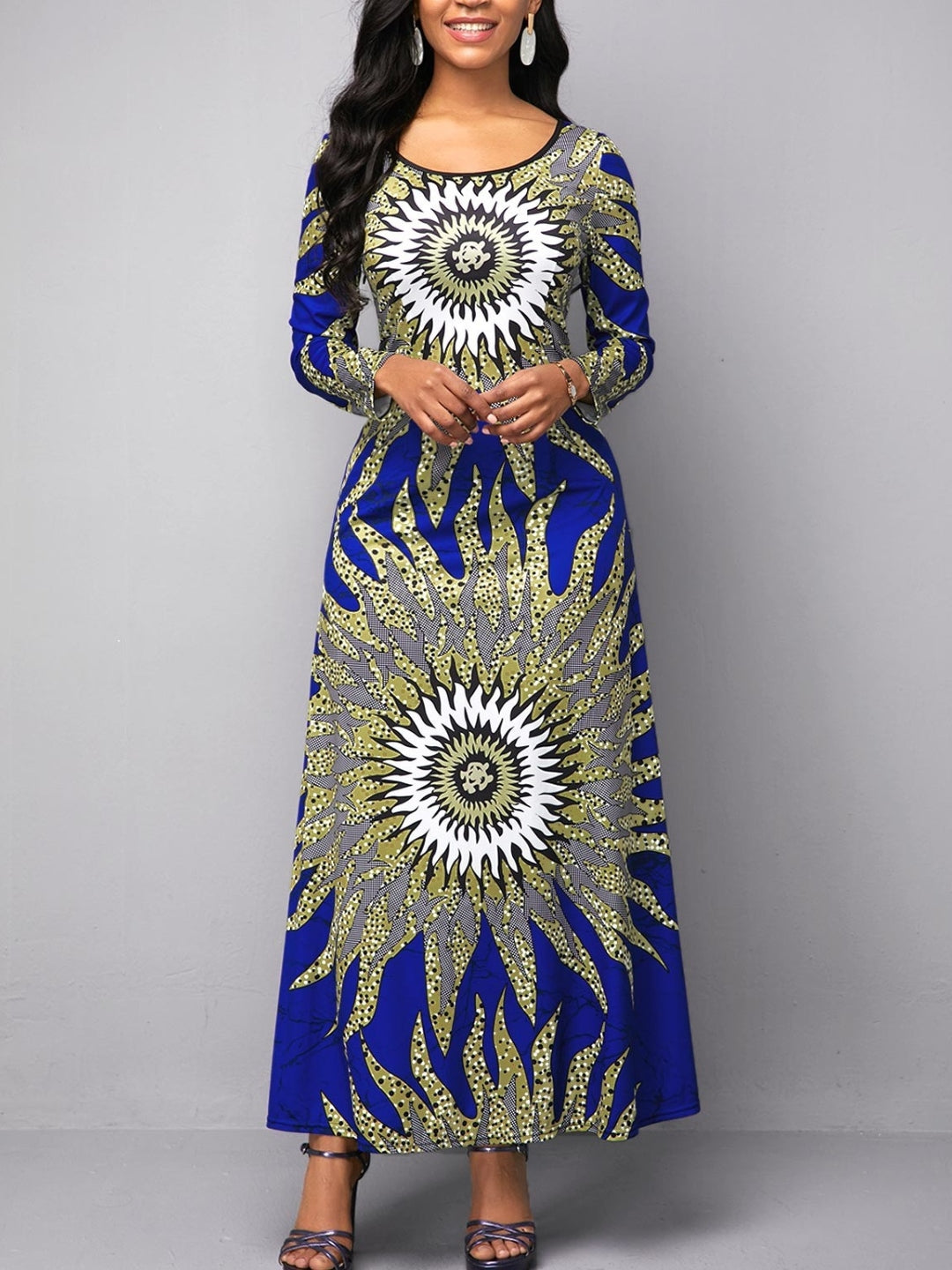 Blue Round Neck Ethnic Motifs Long Sleeves A-Line Polyester Maxi Dress