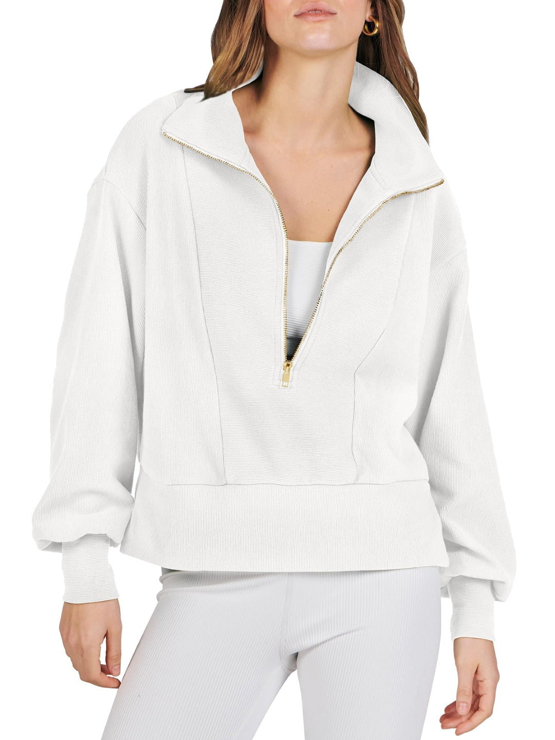 Cream Shirt Collar Solid Long Sleeves Polyester Top