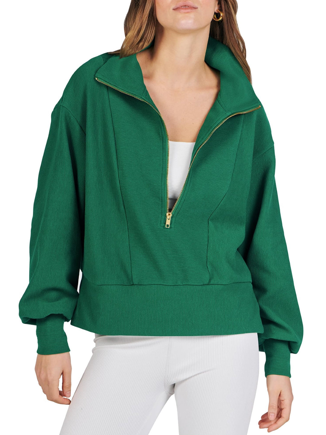Green Shirt Collar Solid Long Sleeves Polyester Top