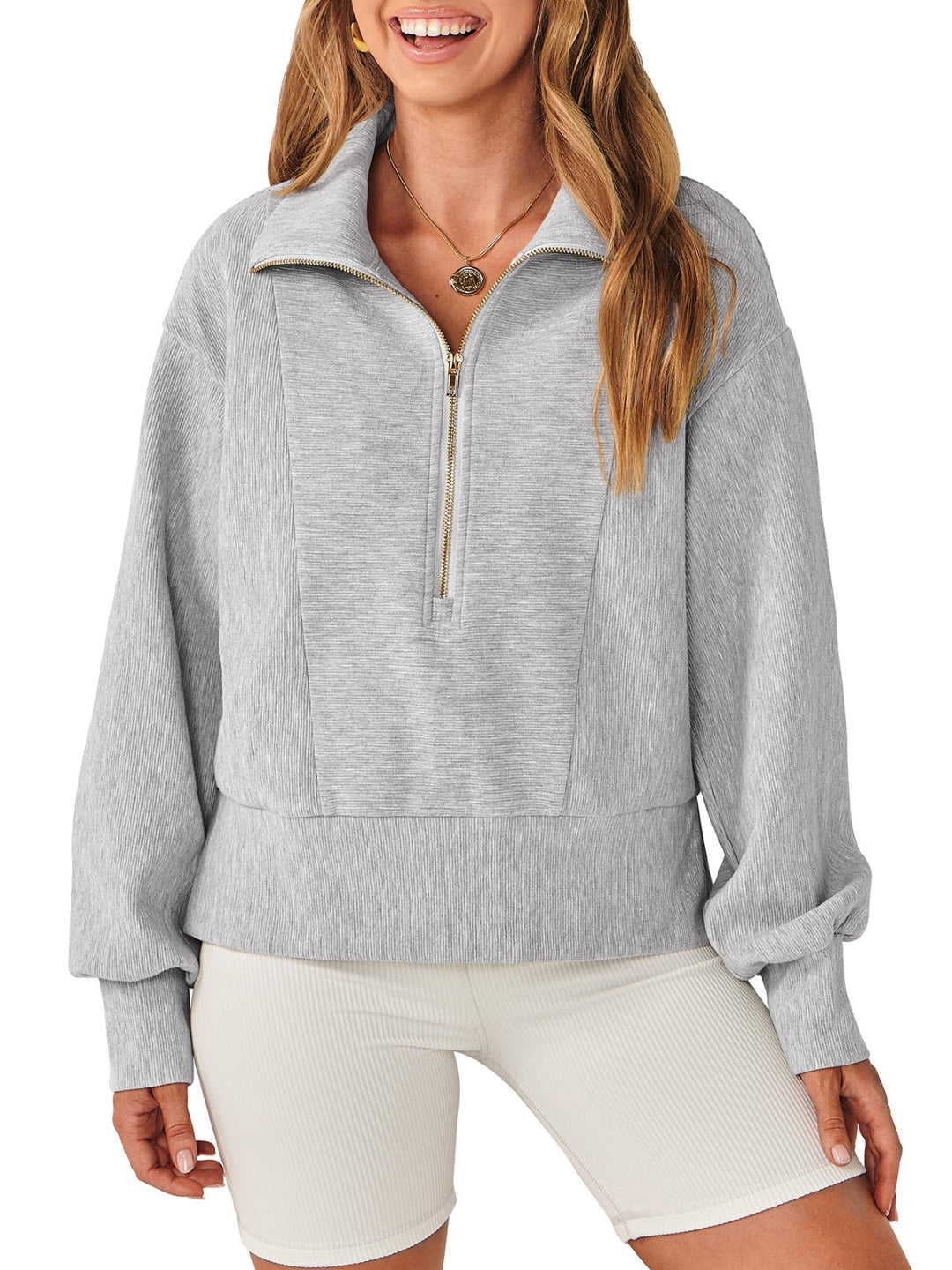 Grey Shirt Collar Solid Long Sleeves Polyester Top