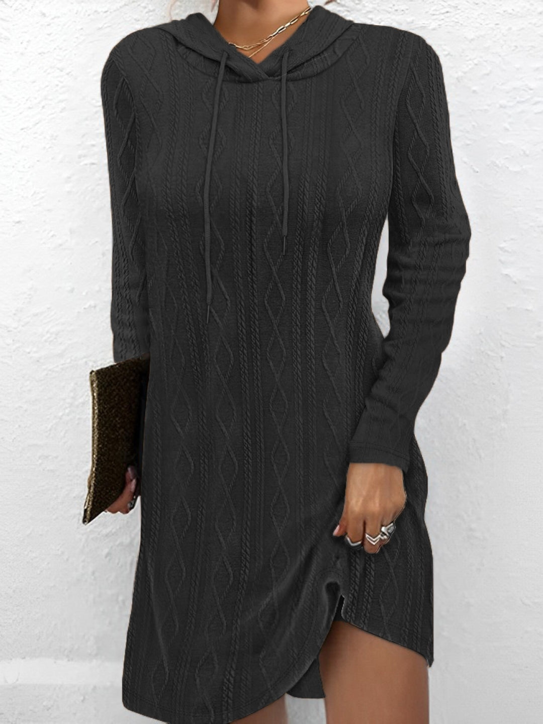 Black Hood Solid Long Sleeves Fit and Flare Polyester Above Knee Dress