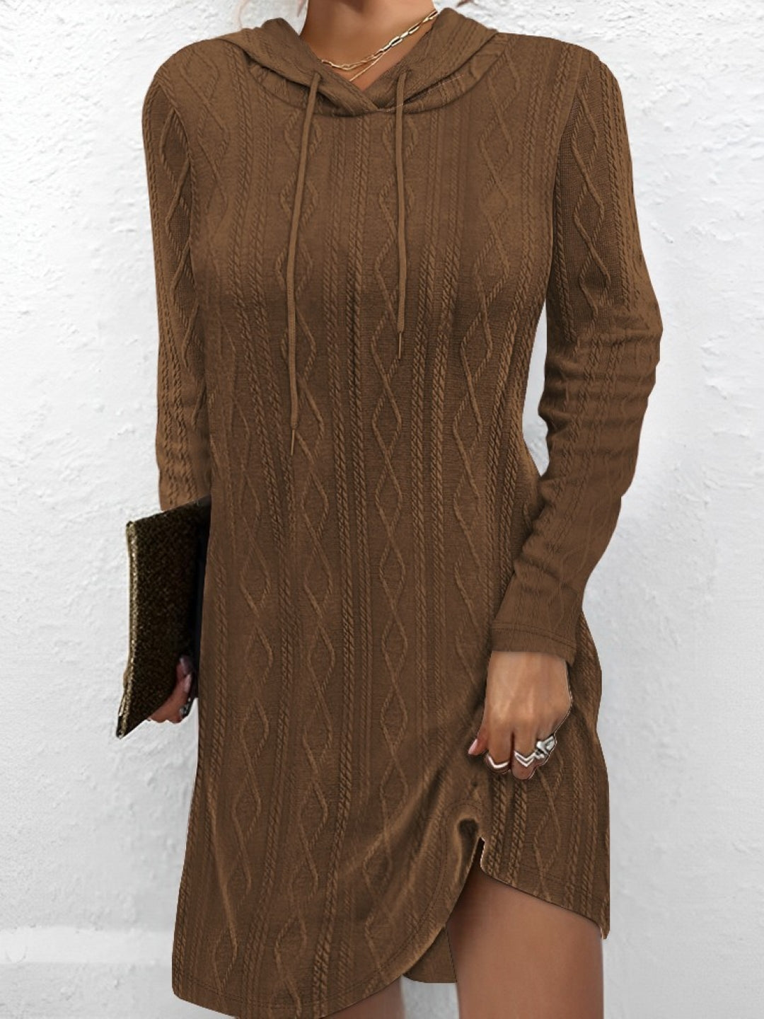 Brown Hood Solid Long Sleeves Fit and Flare Polyester Above Knee Dress