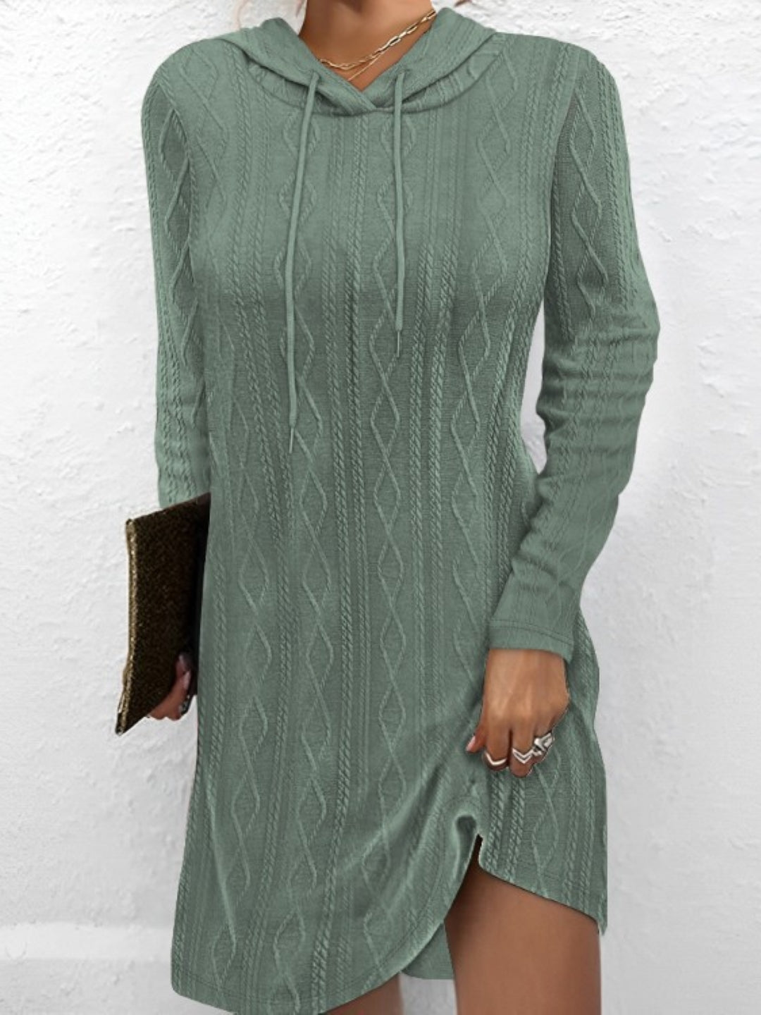 Green Hood Solid Long Sleeves Fit and Flare Polyester Above Knee Dress