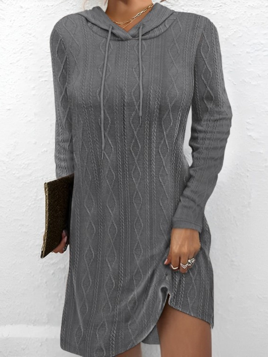 Grey Hood Solid Long Sleeves Fit and Flare Polyester Above Knee Dress