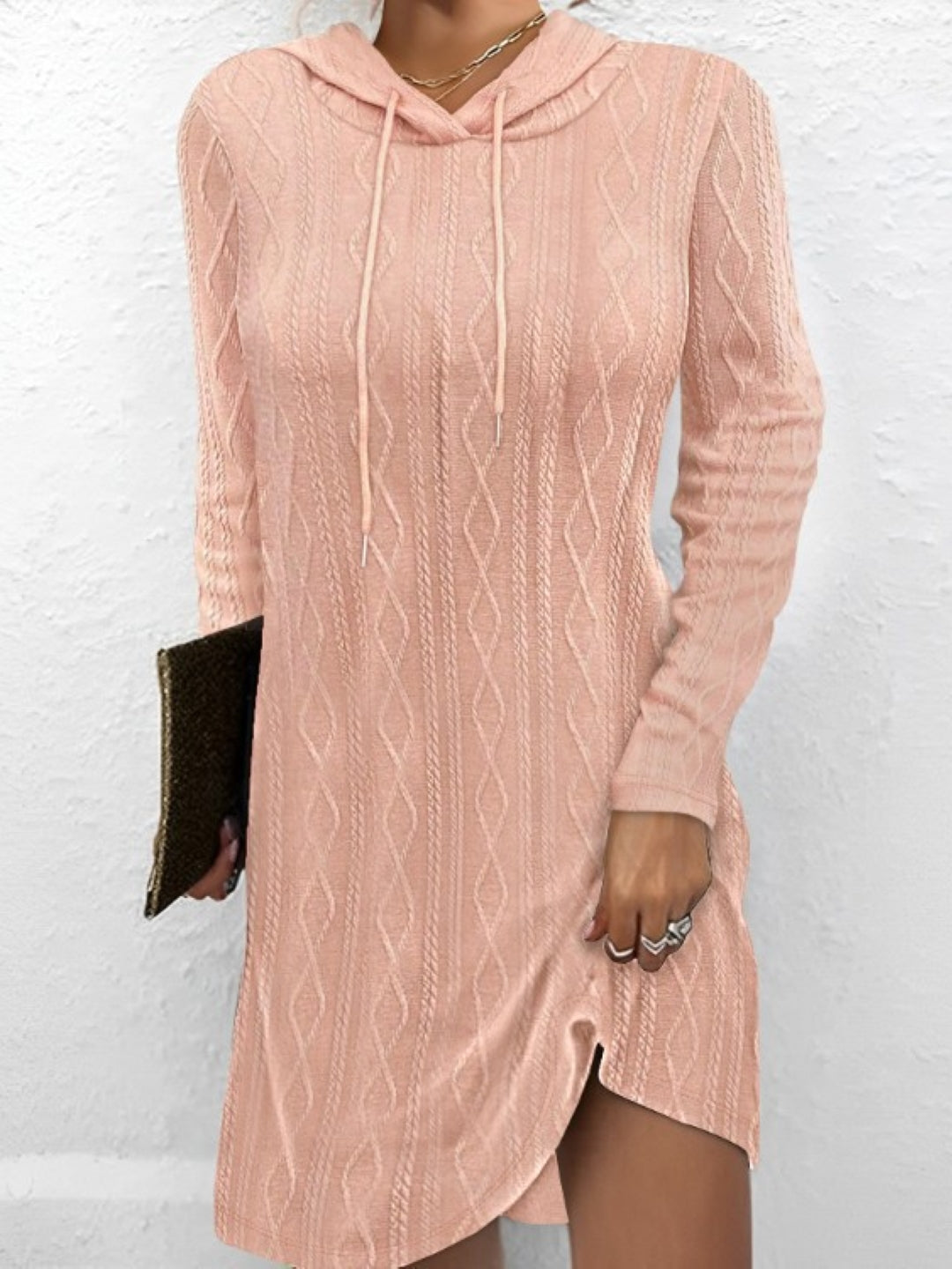 Pink Hood Solid Long Sleeves Fit and Flare Polyester Above Knee Dress