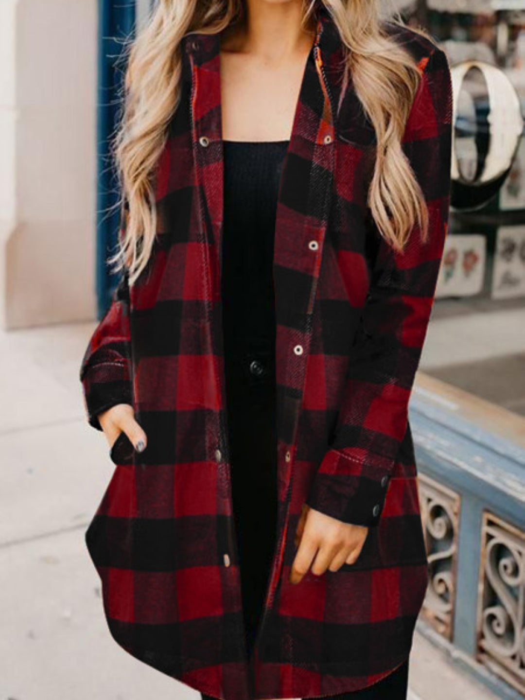 Red Shirt Collar Checked Long Sleeves Polyester Top