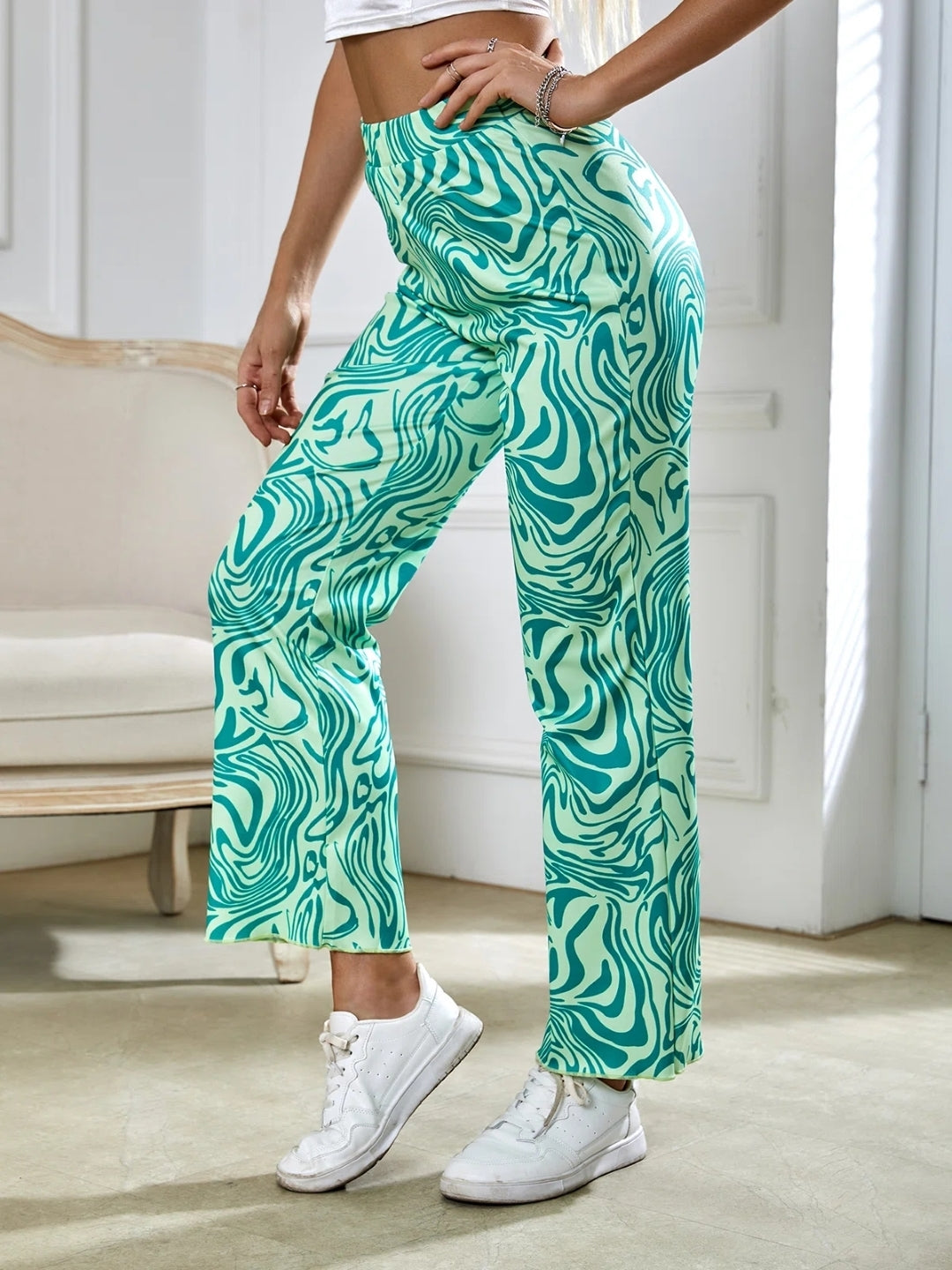 Blue Printed Regular Fit Polyester Trouser