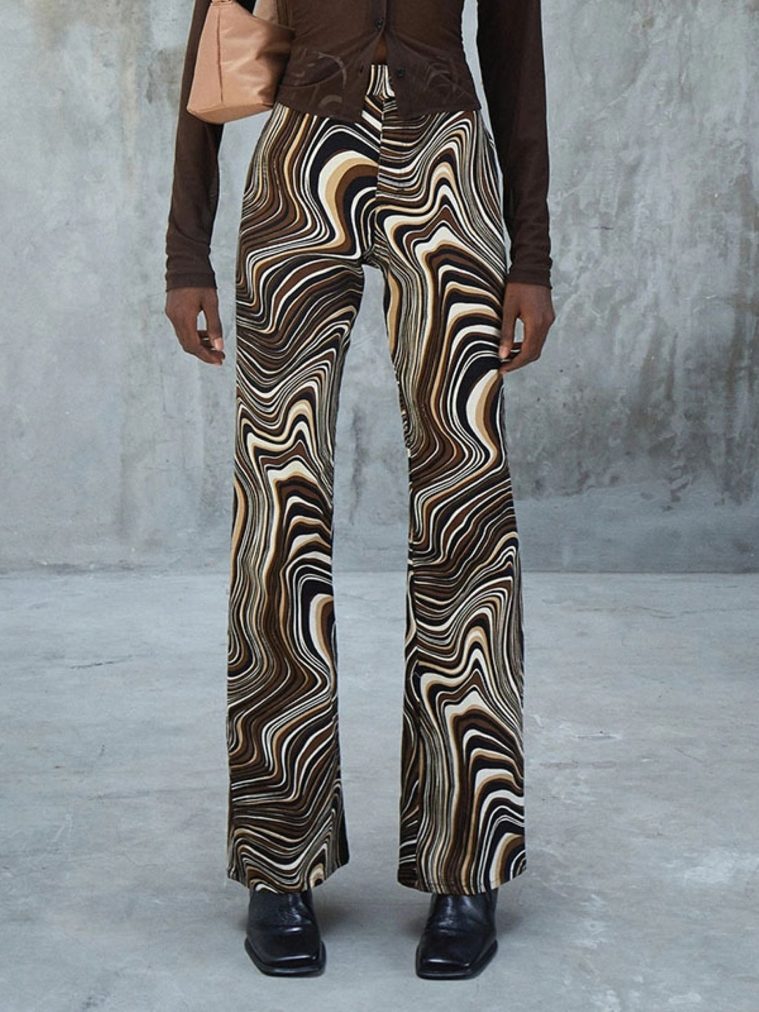 Brown Printed Regular Fit Polyester Trouser