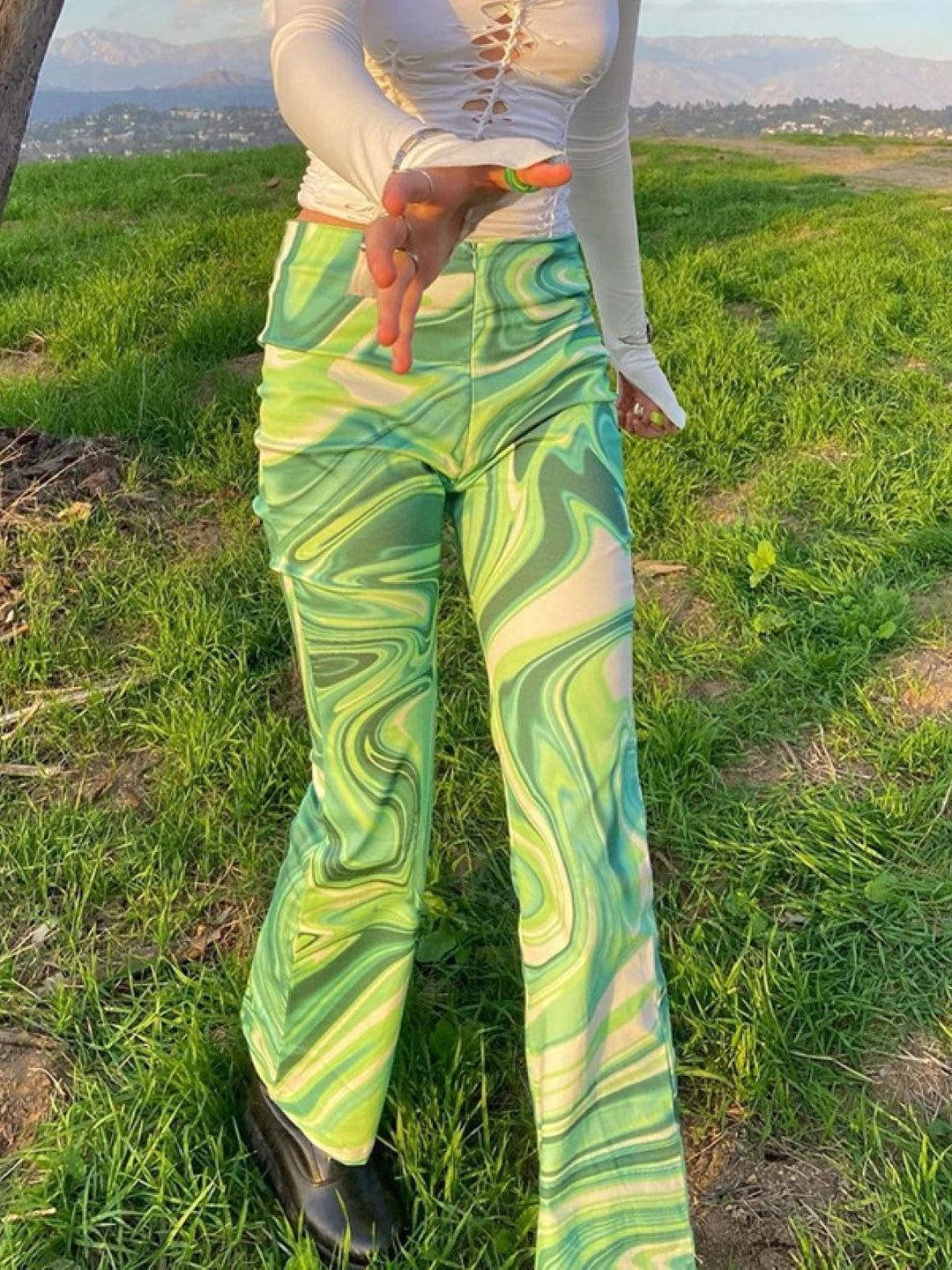 Green Printed Regular Fit Polyester Trouser