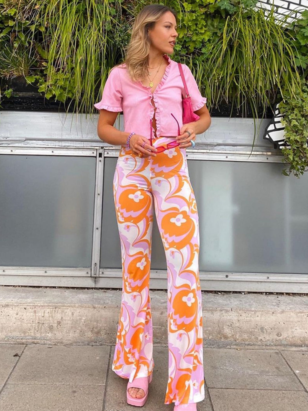 Orange Printed Regular Fit Polyester Trouser