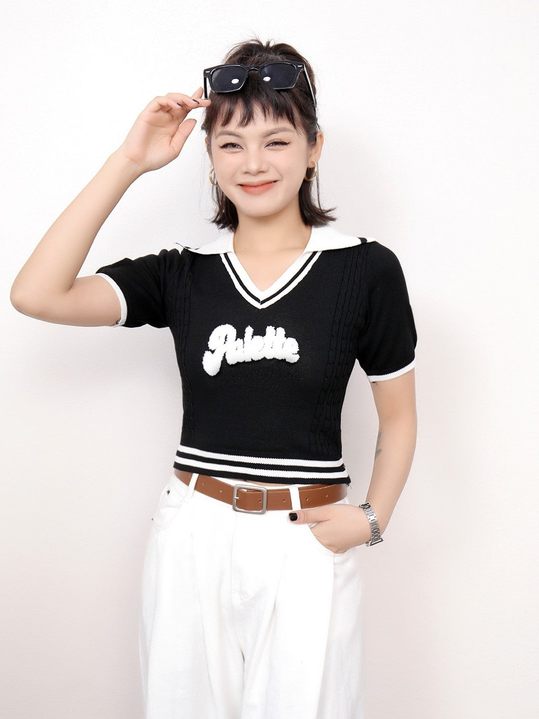 Black Shirt Collar Short Sleeves Typography Top