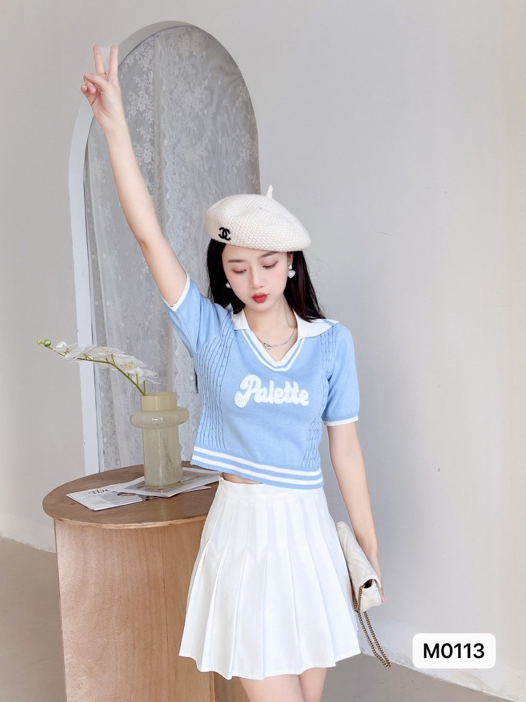 Blue Shirt Collar Short Sleeves Typography Top