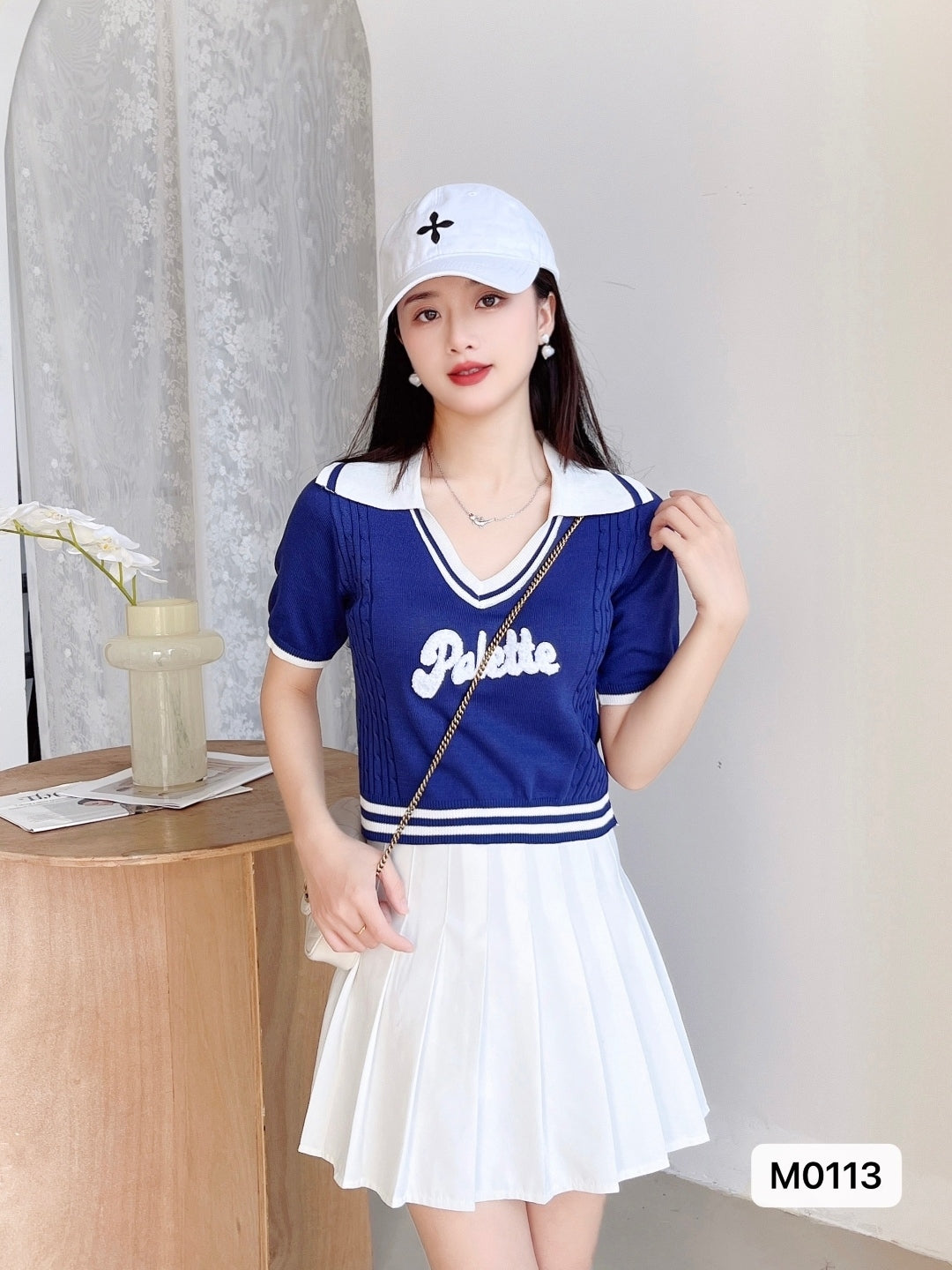 Navy Blue Shirt Collar Short Sleeves Typography Top
