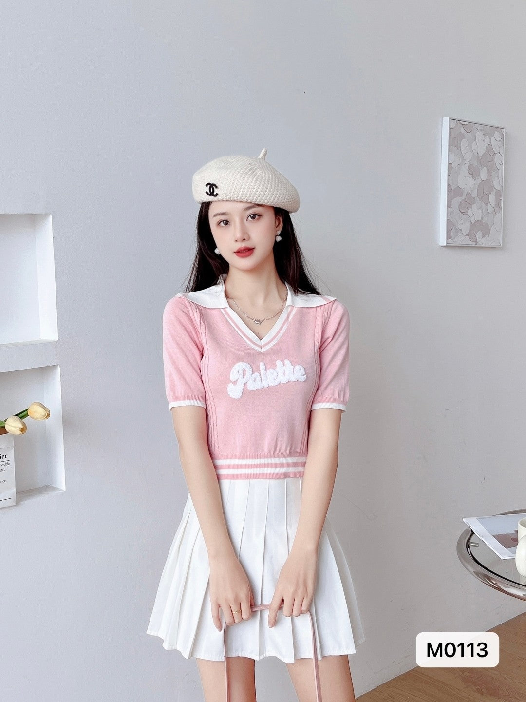Pink Shirt Collar Short Sleeves Typography Top