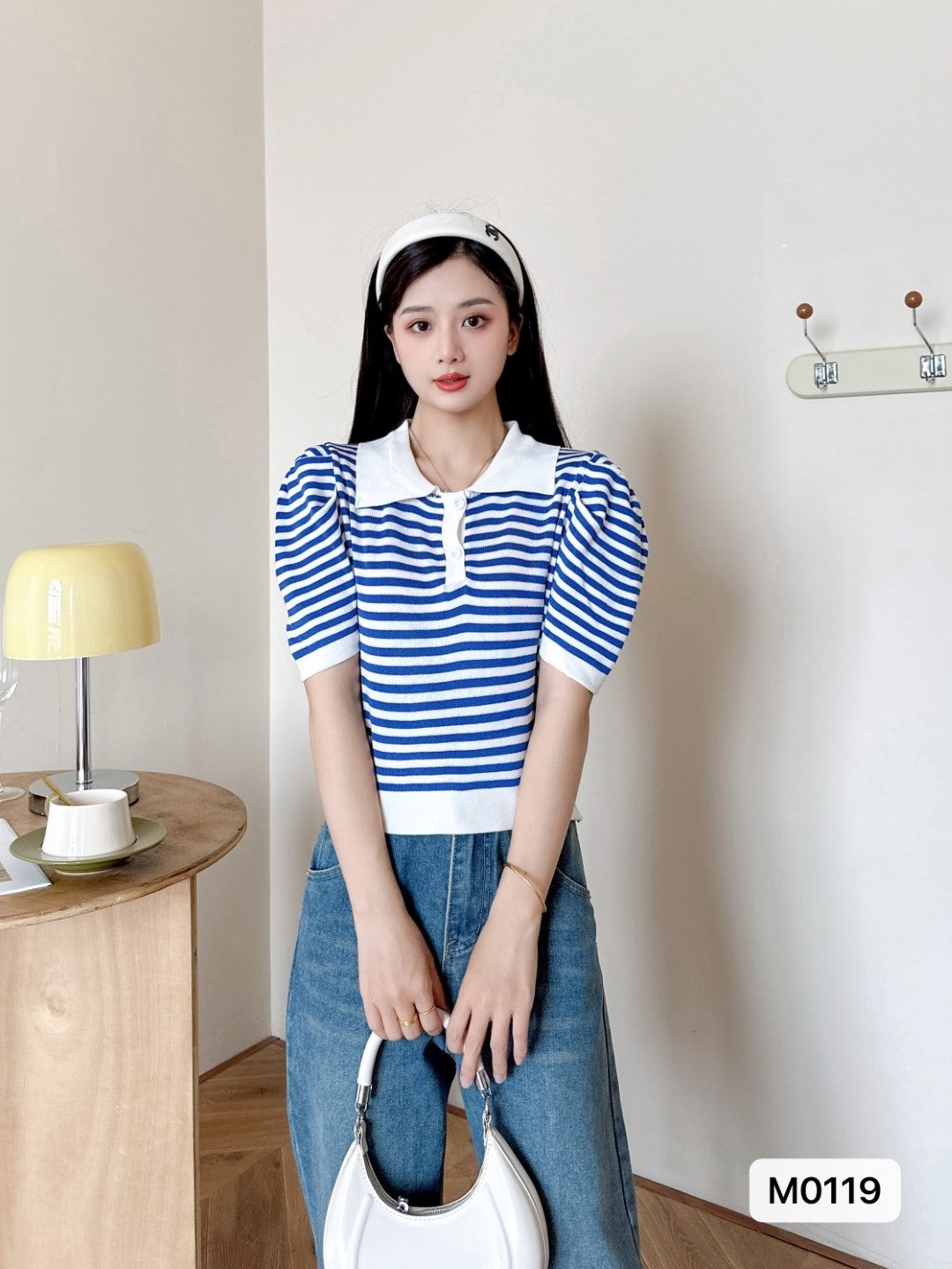 Blue Shirt Collar Three-Quarter Sleeves Horizontal Stripes Top