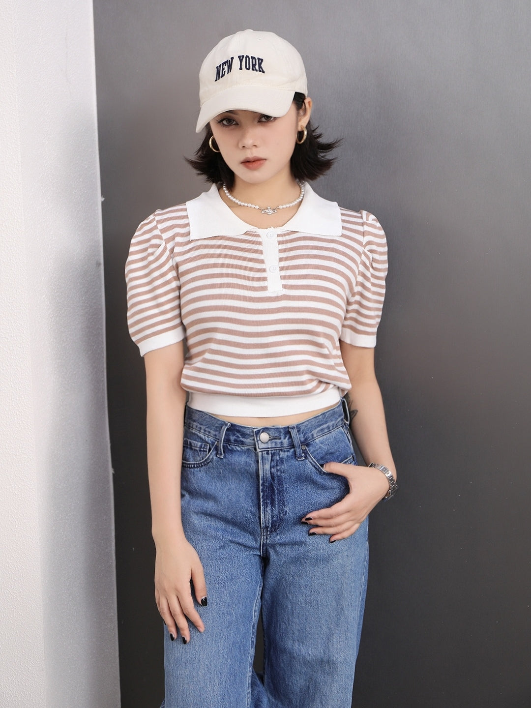 Brown Shirt Collar Three-Quarter Sleeves Horizontal Stripes Top