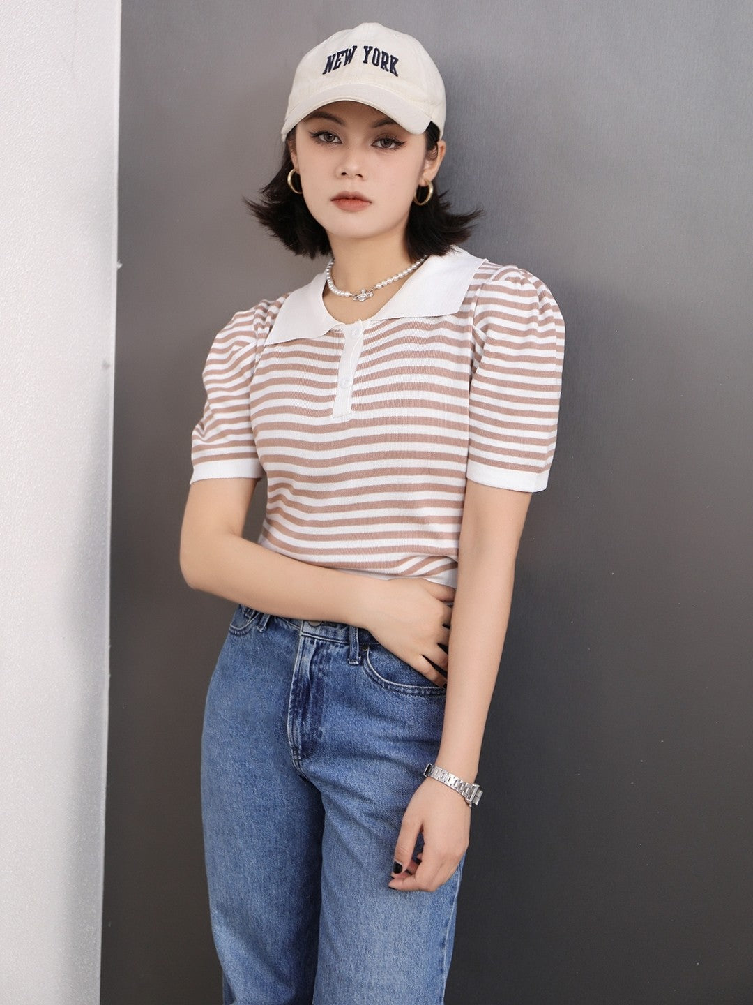 Brown Shirt Collar Three-Quarter Sleeves Horizontal Stripes Top