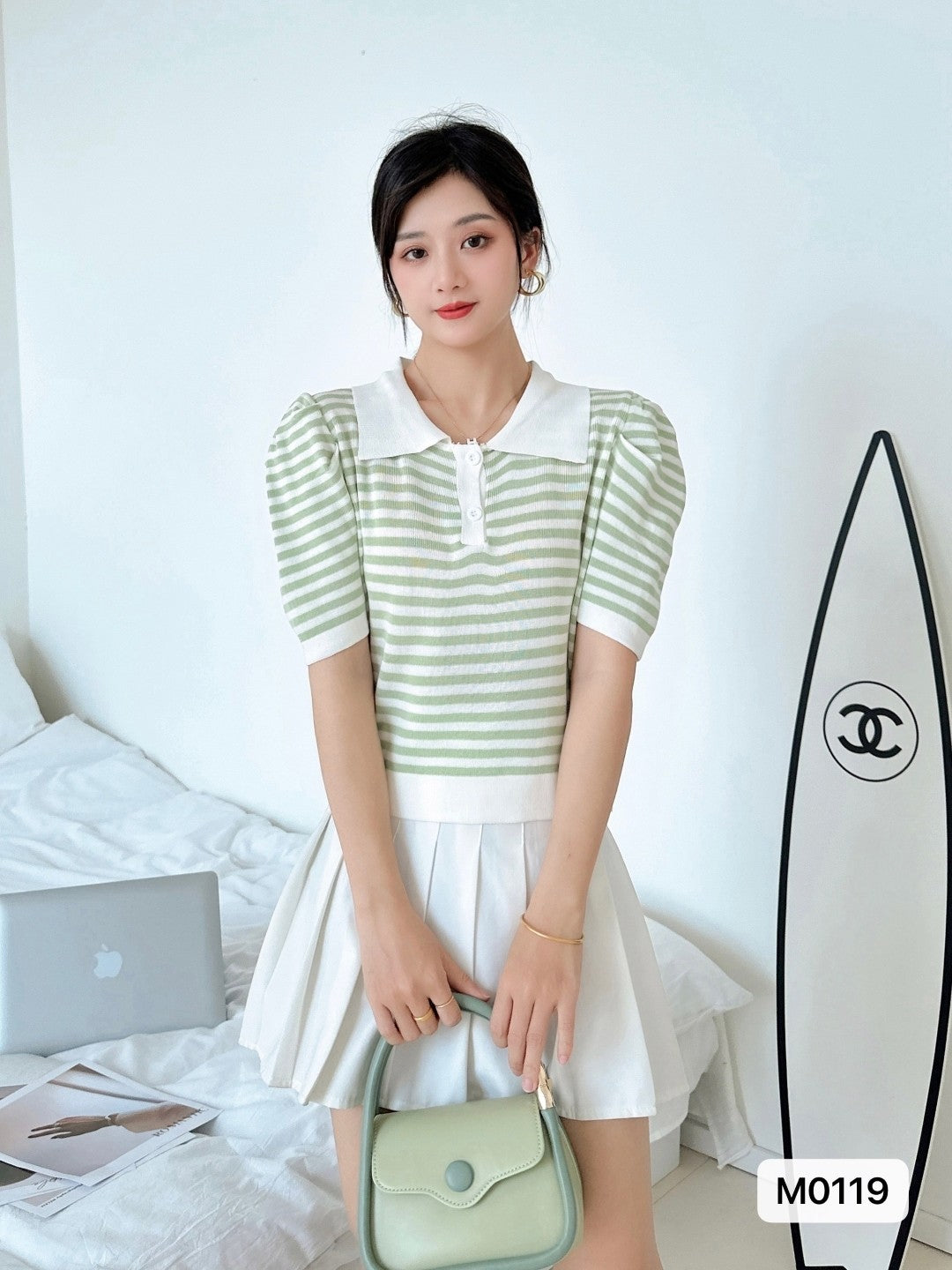 Green Shirt Collar Three-Quarter Sleeves Horizontal Stripes Top