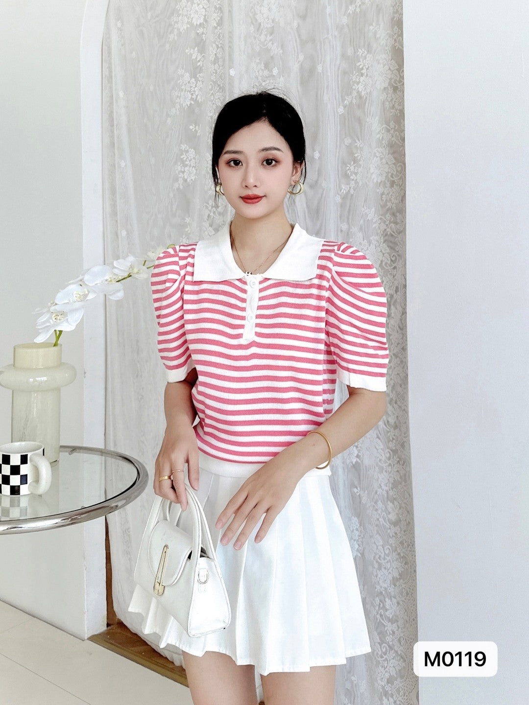 Pink Shirt Collar Three-Quarter Sleeves Horizontal Stripes Top