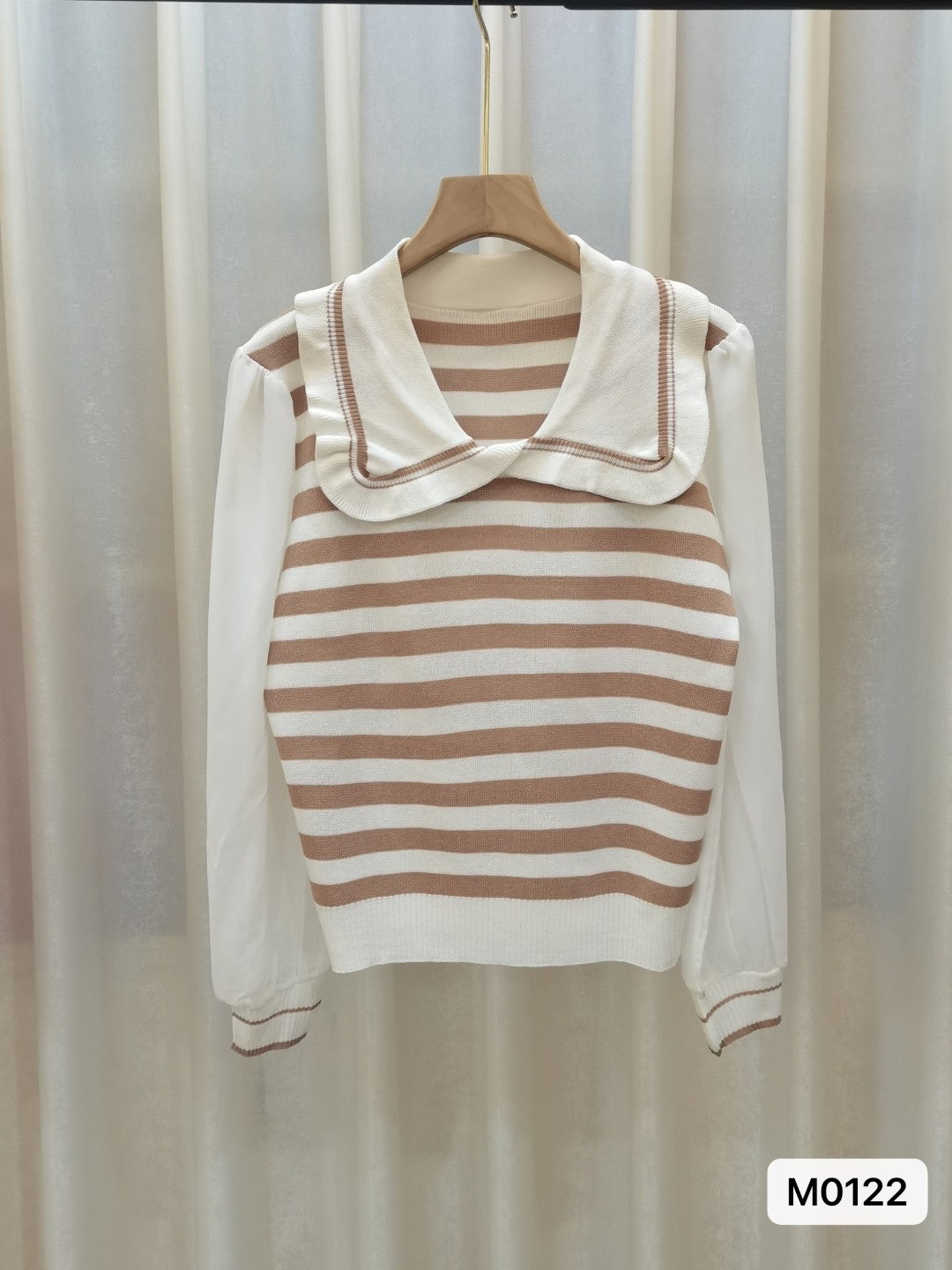 Brown Shirt Collar Long Sleeves Horizontal Stripes Top