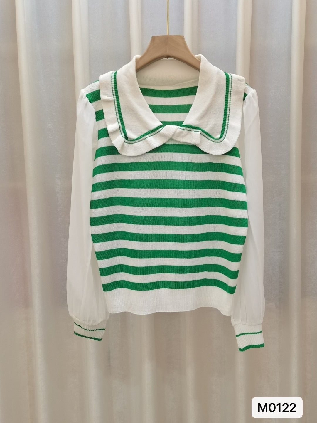 Green Shirt Collar Long Sleeves Horizontal Stripes Top