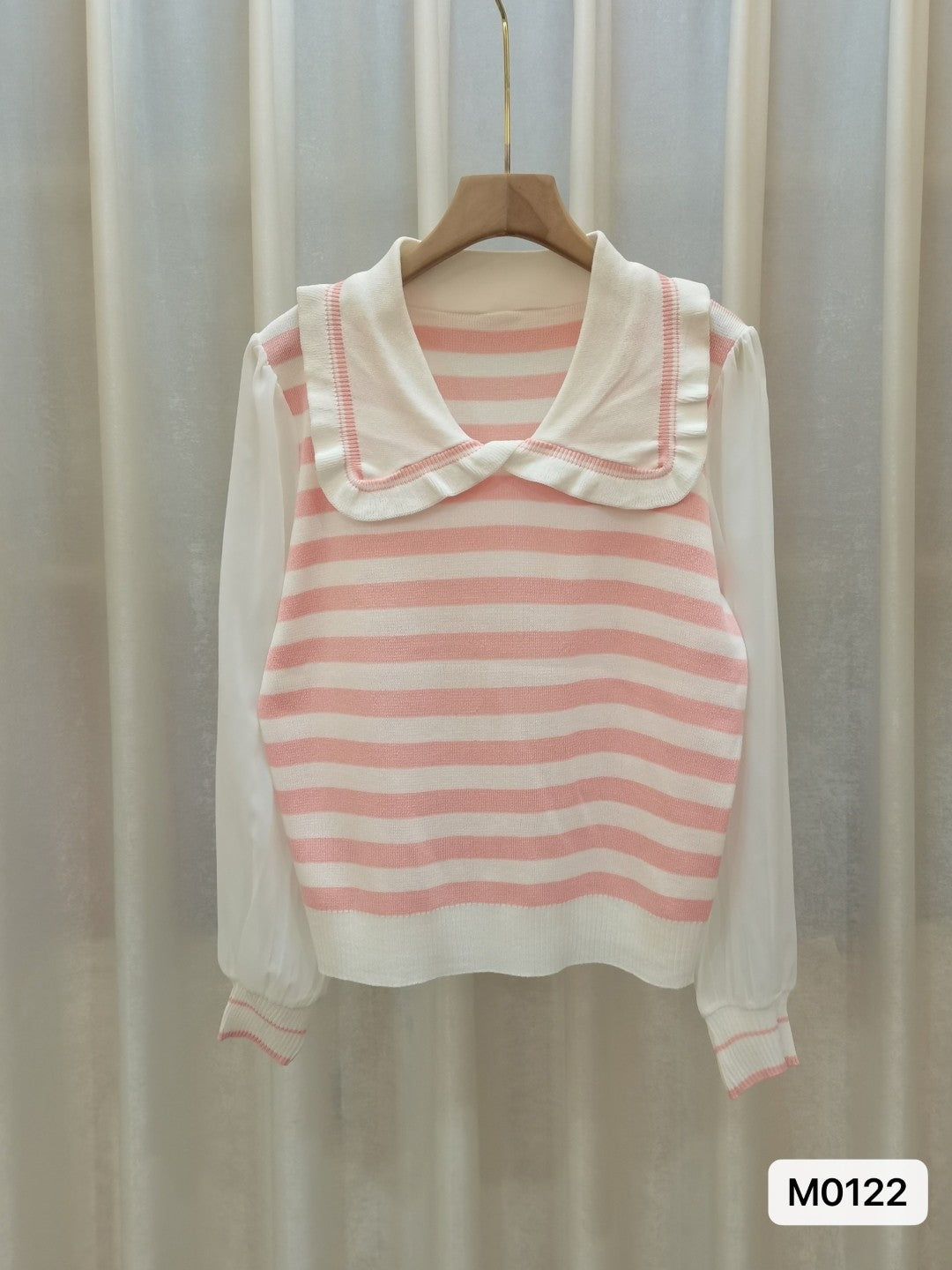 Pink Shirt Collar Long Sleeves Horizontal Stripes Top
