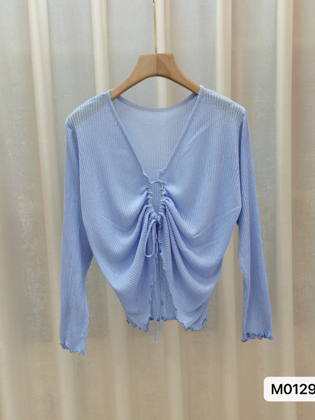 Blue V-Neck Long Sleeves Solid Top