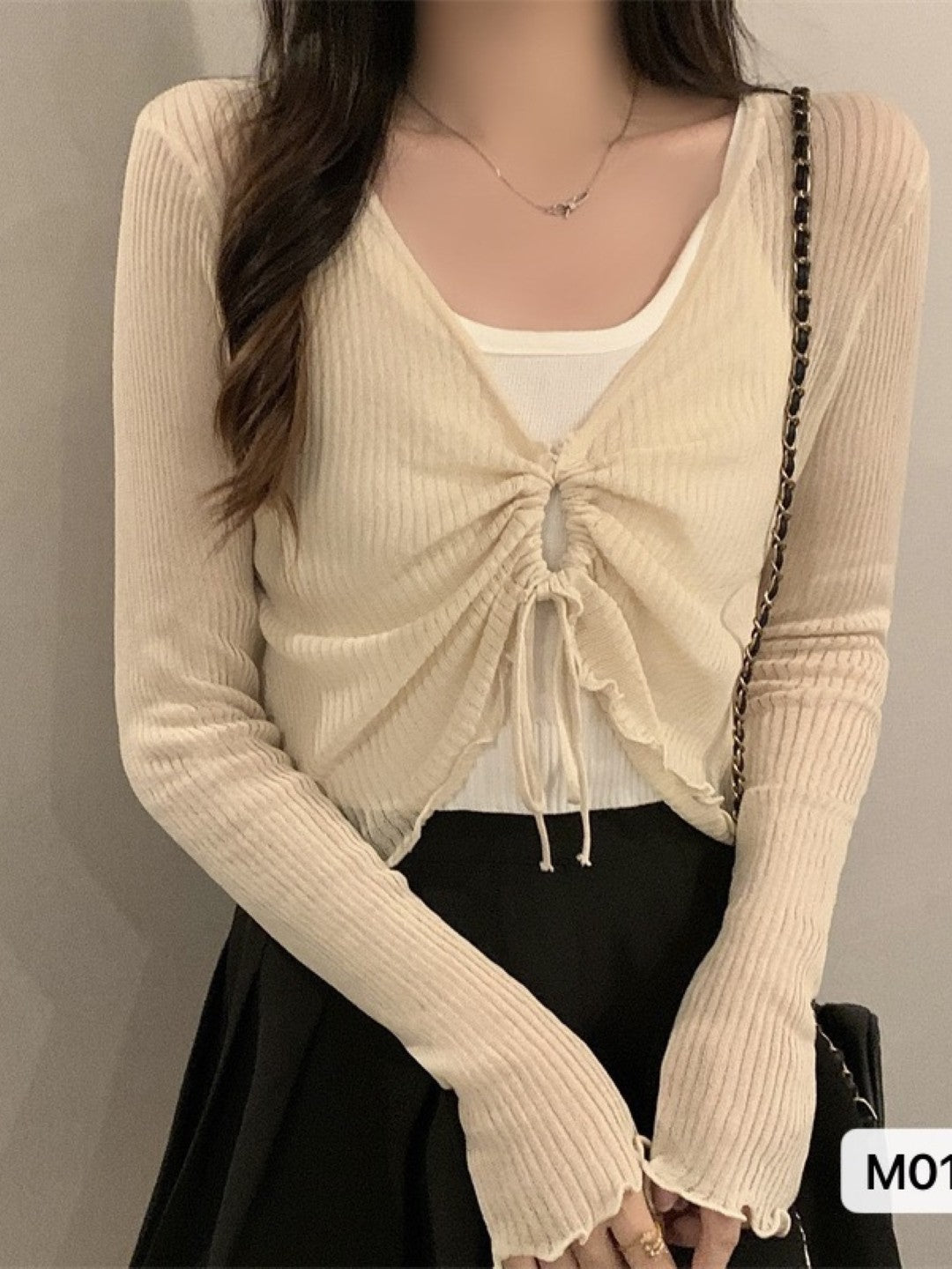 Cream V-Neck Long Sleeves Solid Top