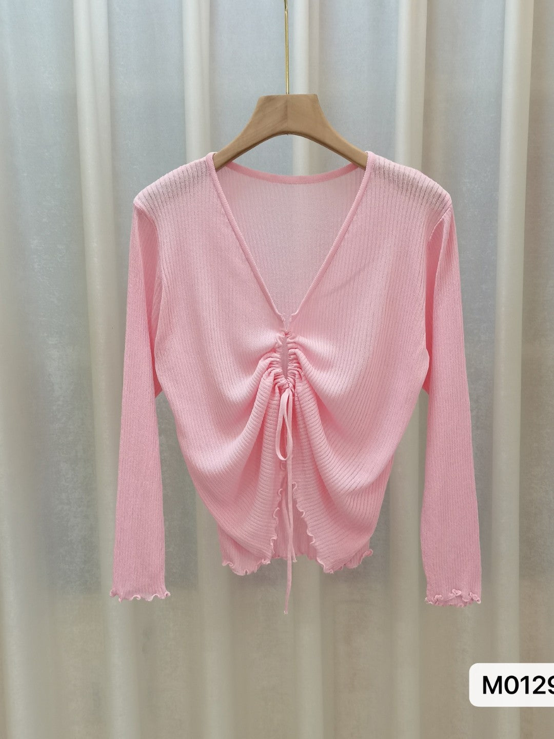 Pink V-Neck Long Sleeves Solid Top