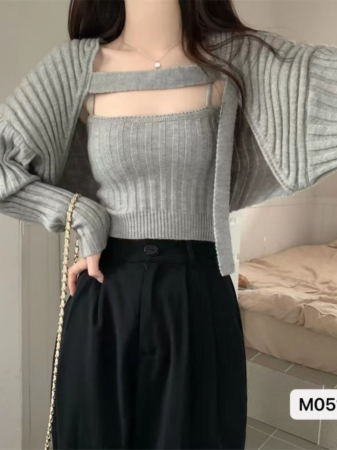 Grey Acrylic Shoulder Straps Long Sleeves Solid Top