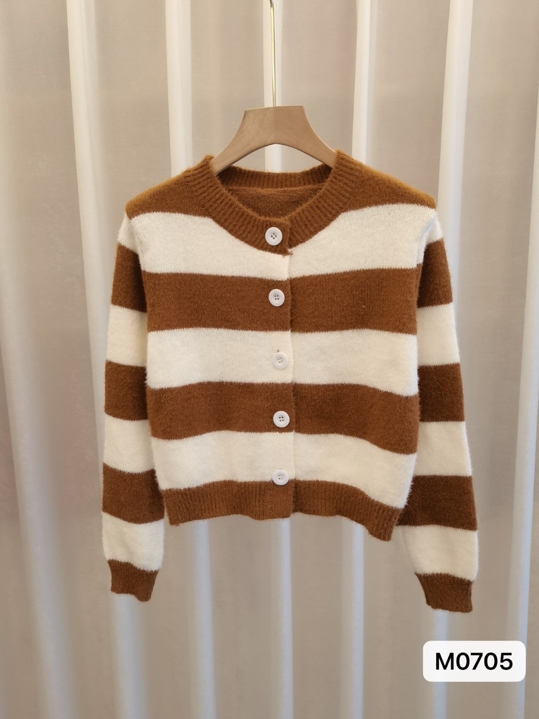 Brown Viscose Rayon Round Neck Long Sleeves Horizontal Stripes Top