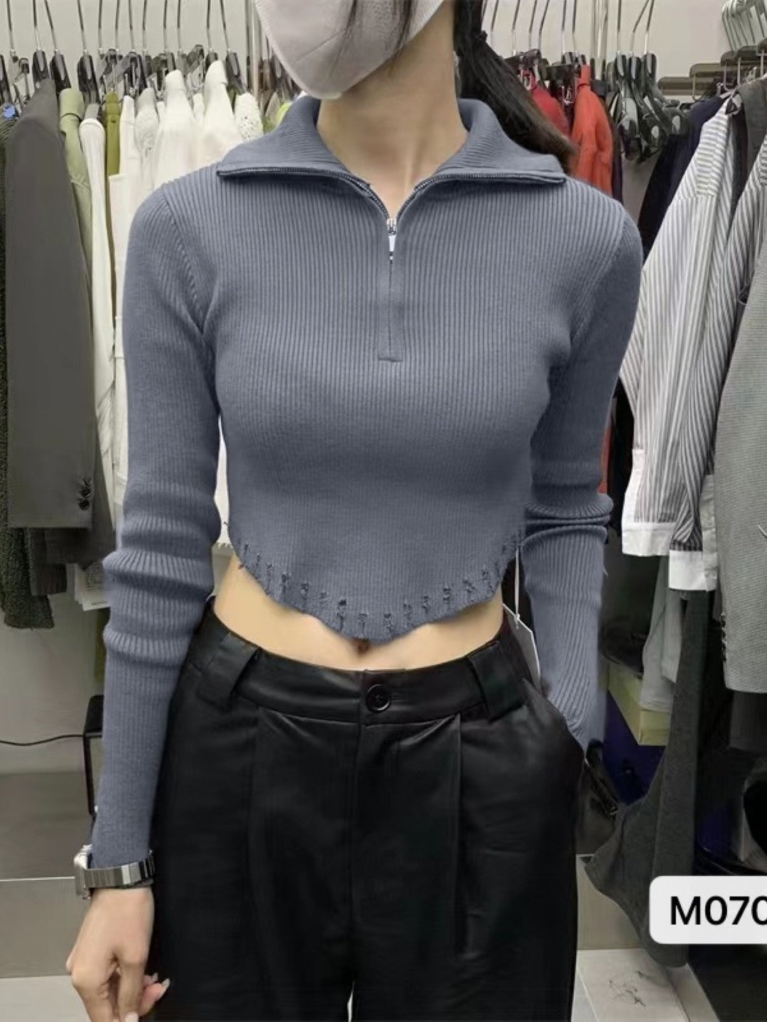 Grey Viscose Rayon Round Neck Long Sleeves Solid Top
