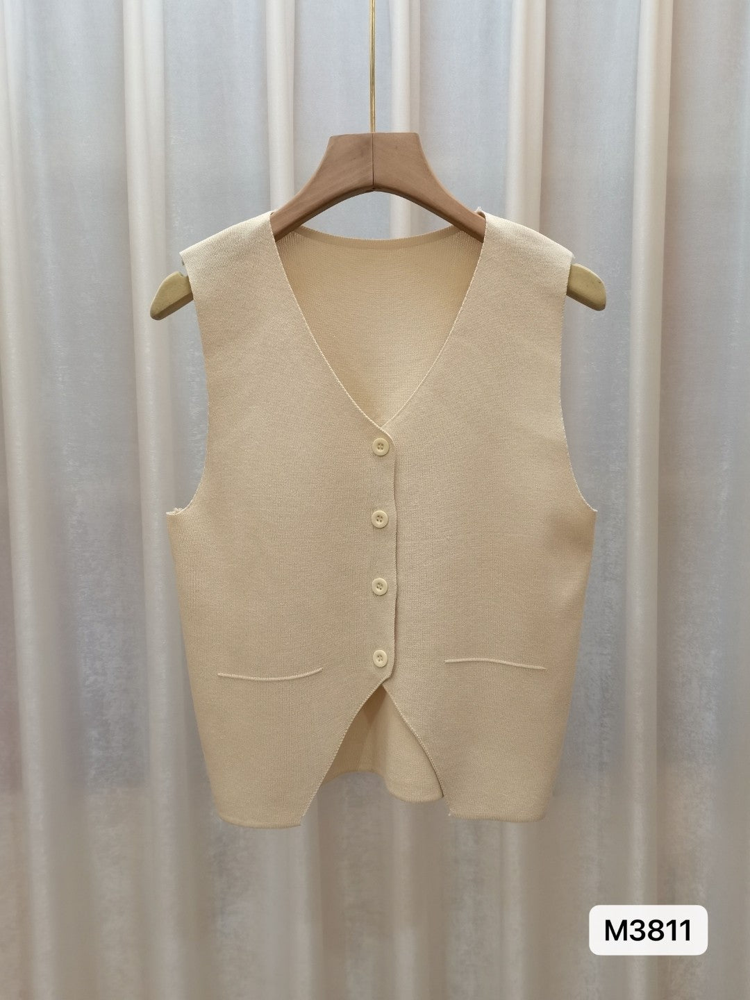 Beige Acrylic V-Neck Sleeveless Solid Top