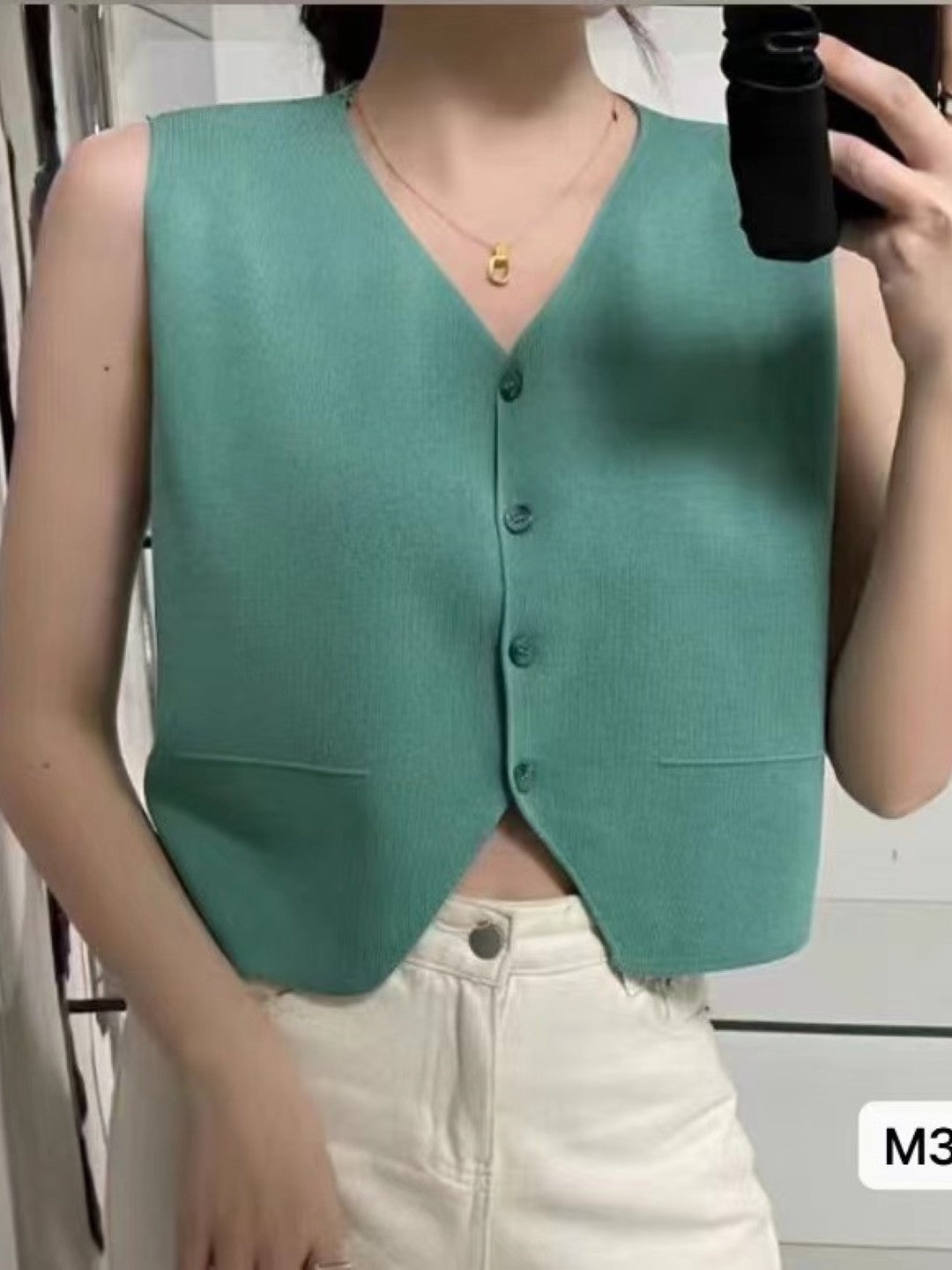 Green Acrylic V-Neck Sleeveless Solid Top