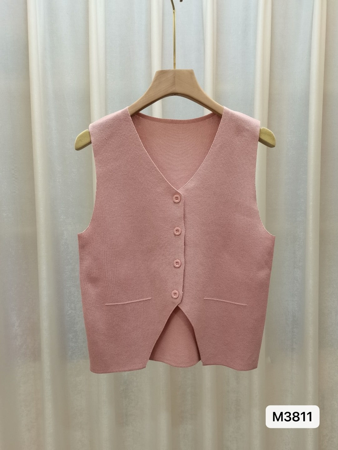 Pink Acrylic V-Neck Sleeveless Solid Top