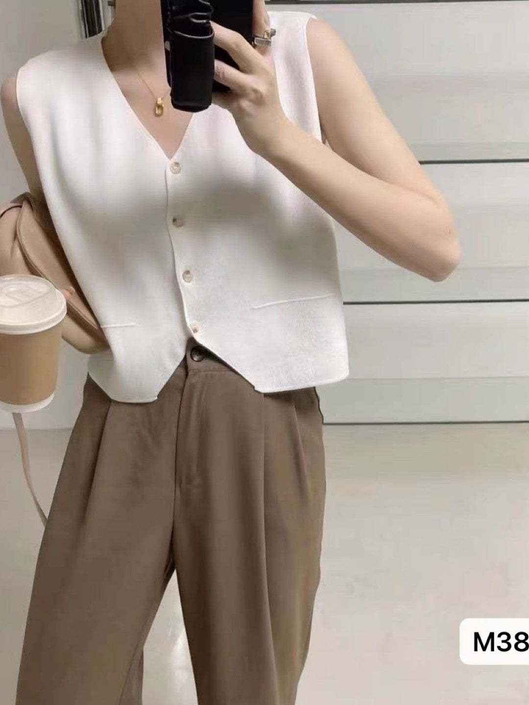 White Acrylic V-Neck Sleeveless Solid Top