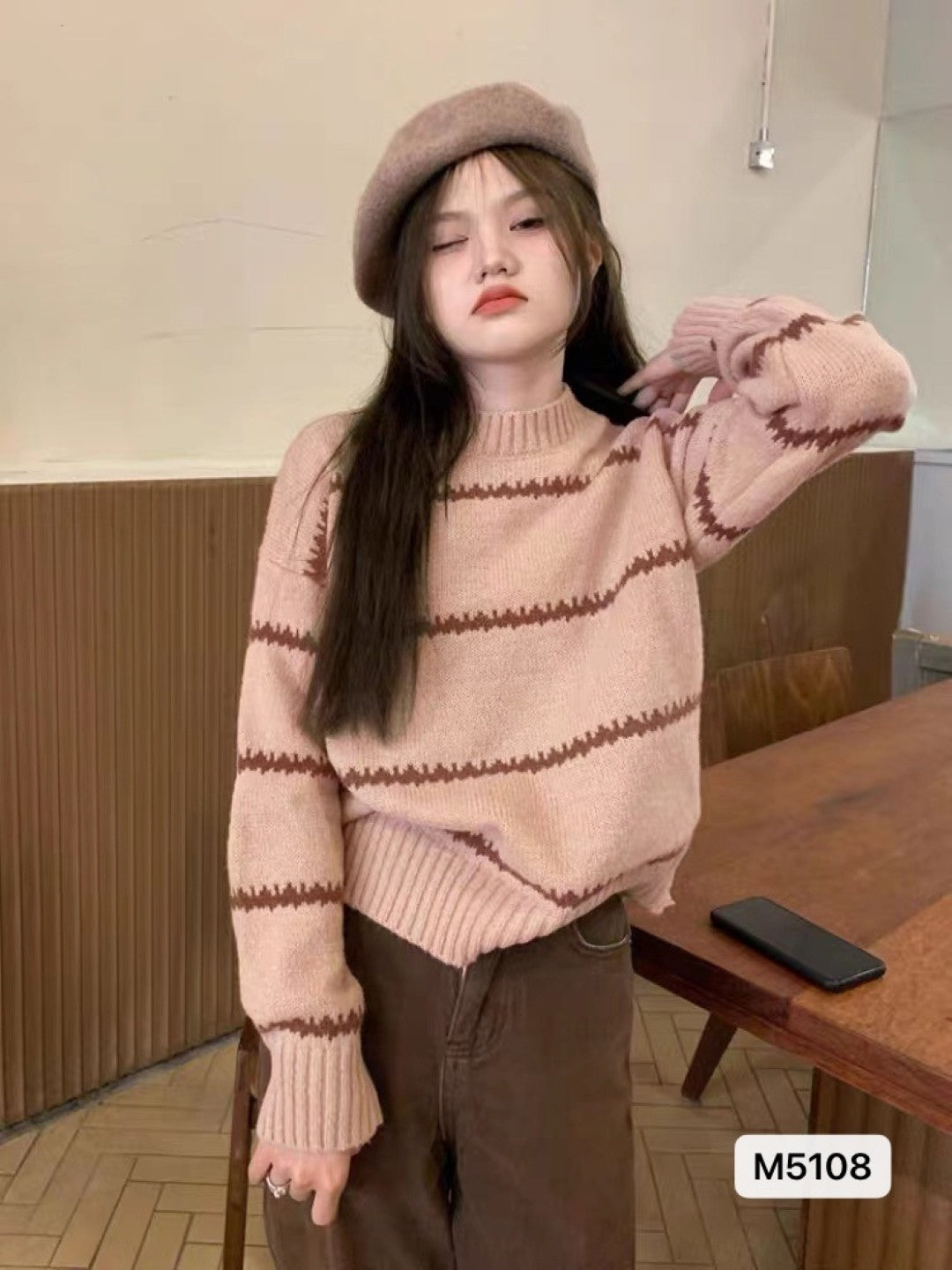 Pink Viscose Rayon Round Neck Long Sleeves Horizontal Stripes Top