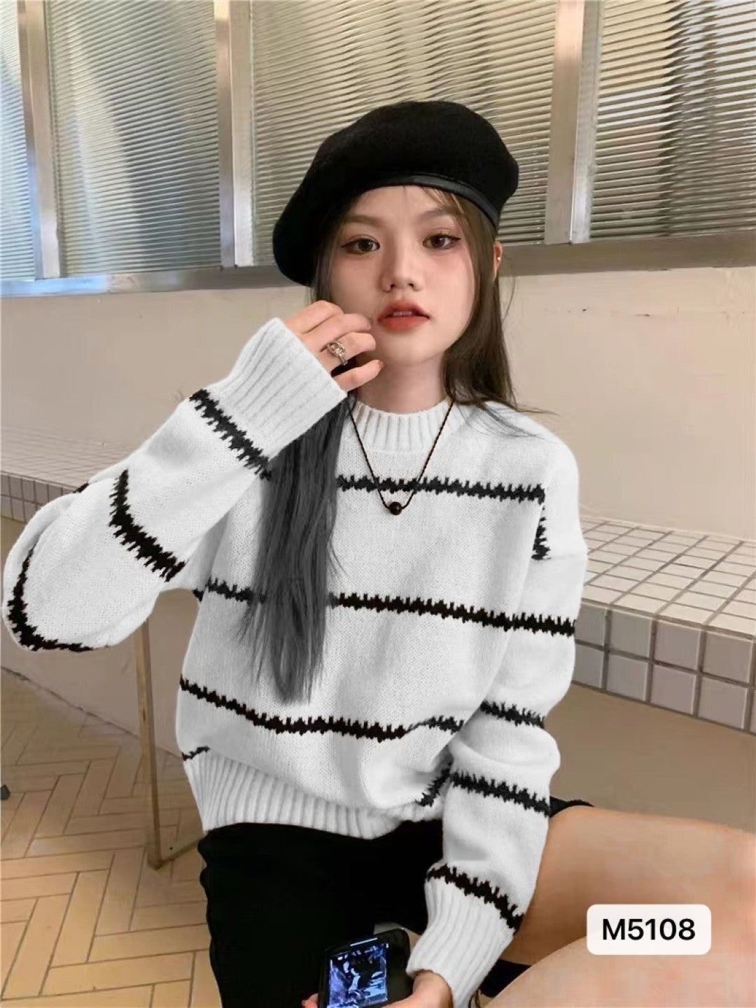 White Viscose Rayon Round Neck Long Sleeves Horizontal Stripes Top